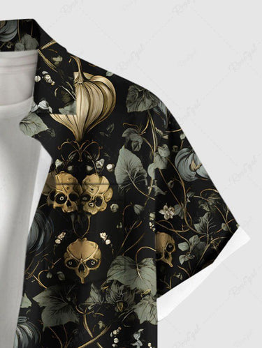 Gothic Plus Size Skull Plant Leaf Print Button Pocket Shirt For Men