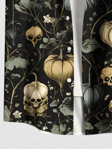 Gothic Plus Size Skull Plant Leaf Print Button Pocket Shirt For Men