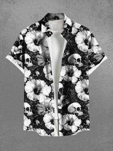 Gothic Plus Size Skull Hibiscus Flower Print Hawaii Button Pocket Shirt For Men