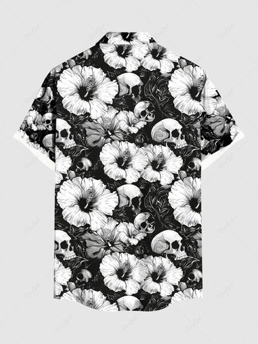 Gothic Plus Size Skull Hibiscus Flower Print Hawaii Button Pocket Shirt For Men