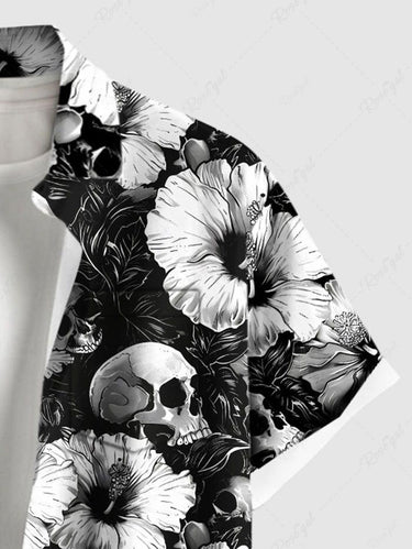 Gothic Plus Size Skull Hibiscus Flower Print Hawaii Button Pocket Shirt For Men