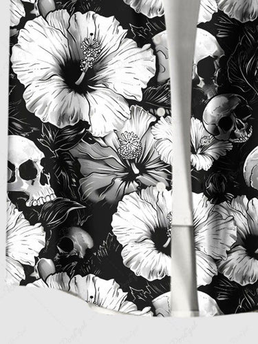 Gothic Plus Size Skull Hibiscus Flower Print Hawaii Button Pocket Shirt For Men