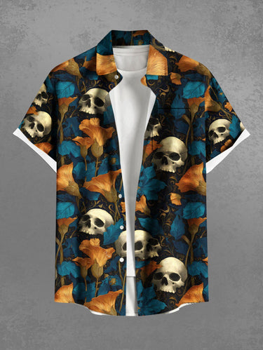 Gothic Plus Size Skull Flower Print Button Pocket Shirt For Men