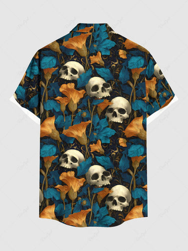 Gothic Plus Size Skull Flower Print Button Pocket Shirt For Men