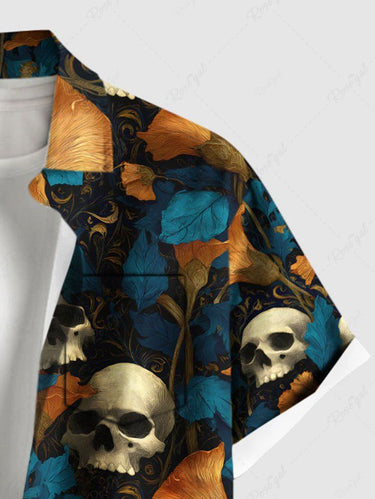 Gothic Plus Size Skull Flower Print Button Pocket Shirt For Men