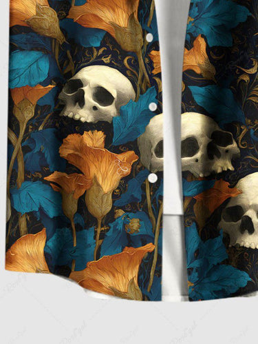 Gothic Plus Size Skull Flower Print Button Pocket Shirt For Men