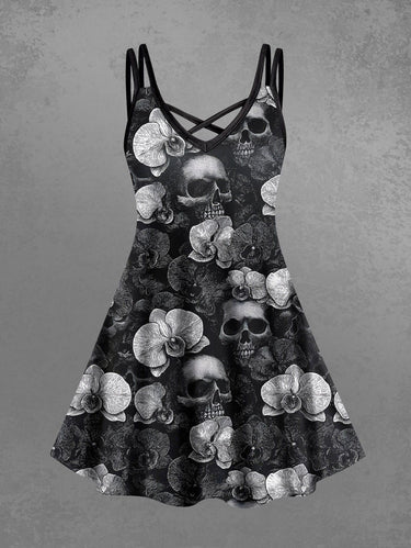 Gothic Plus Size Skull Flower Print Crisscross Strappy A Line Cami Dress