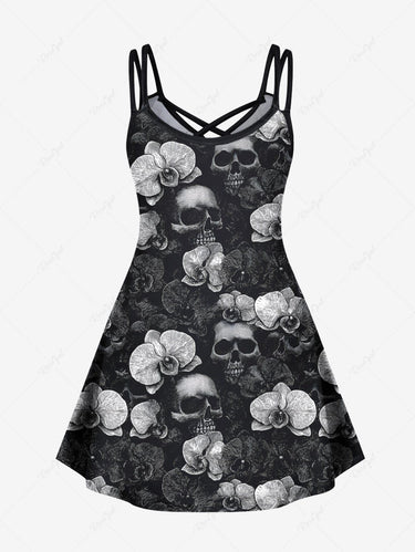 Gothic Plus Size Skull Flower Print Crisscross Strappy A Line Cami Dress