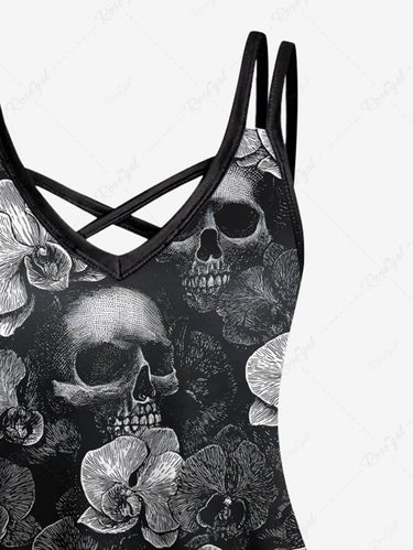 Gothic Plus Size Skull Flower Print Crisscross Strappy A Line Cami Dress