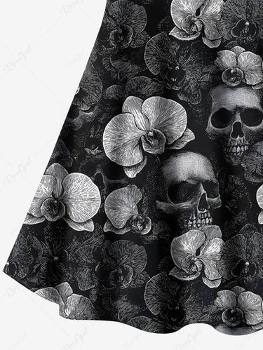Gothic Plus Size Skull Flower Print Crisscross Strappy A Line Cami Dress