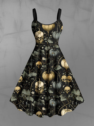 Gothic Plus Size Skull Plant Leaf Print A Line Tank Dress