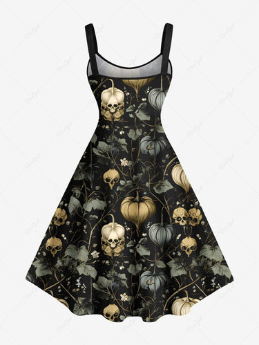 Gothic Plus Size Skull Plant Leaf Print A Line Tank Dress
