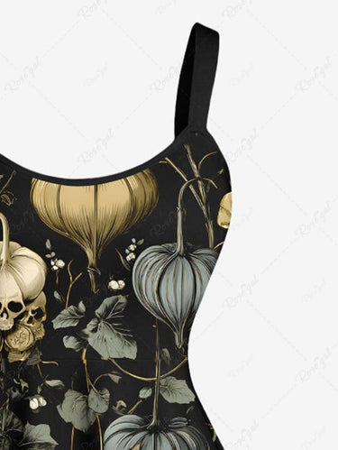 Gothic Plus Size Skull Plant Leaf Print A Line Tank Dress