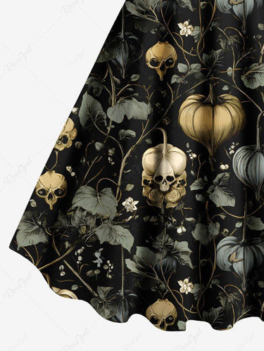 Gothic Plus Size Skull Plant Leaf Print A Line Tank Dress
