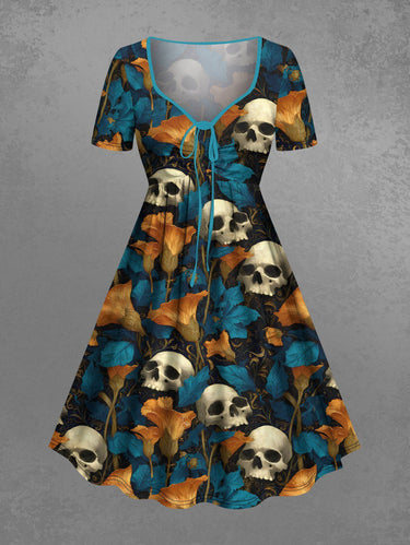 Gothic Plus Size Skull Flower Print Cinched A Line Dress
