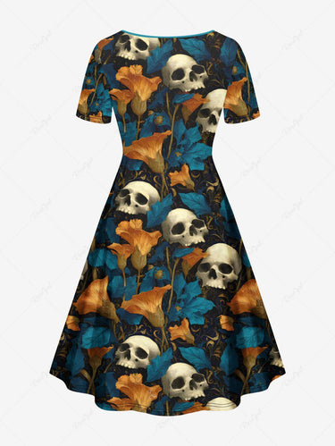 Gothic Plus Size Skull Flower Print Cinched A Line Dress
