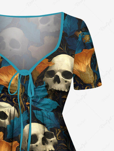 Gothic Plus Size Skull Flower Print Cinched A Line Dress
