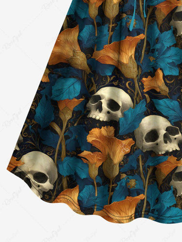 Gothic Plus Size Skull Flower Print Cinched A Line Dress
