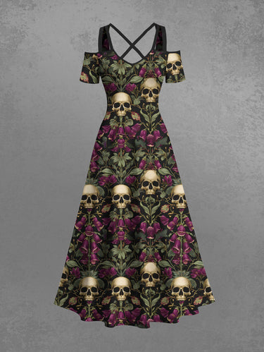 Gothic Plus Size Skull Rose Flower Print Cold Shoulder Crisscross Strappy A Line Maxi Dress
