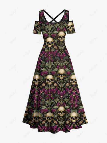 Gothic Plus Size Skull Rose Flower Print Cold Shoulder Crisscross Strappy A Line Maxi Dress