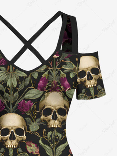 Gothic Plus Size Skull Rose Flower Print Cold Shoulder Crisscross Strappy A Line Maxi Dress