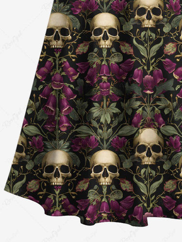 Gothic Plus Size Skull Rose Flower Print Cold Shoulder Crisscross Strappy A Line Maxi Dress