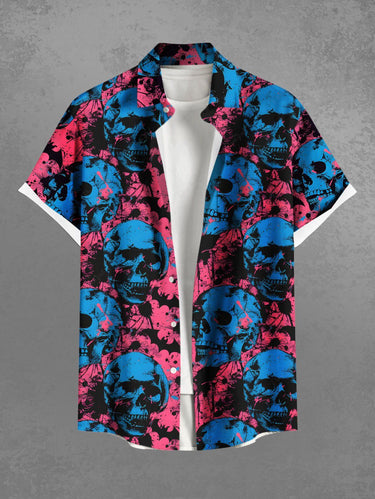 Gothic Plus Size Ink Painting Skull Bat Print Halloween Button Pocket Shirt For Men