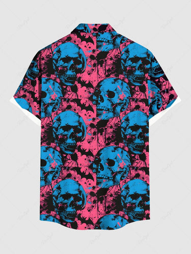 Gothic Plus Size Ink Painting Skull Bat Print Halloween Button Pocket Shirt For Men