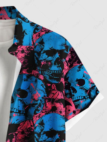 Gothic Plus Size Ink Painting Skull Bat Print Halloween Button Pocket Shirt For Men