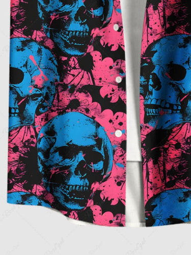 Gothic Plus Size Ink Painting Skull Bat Print Halloween Button Pocket Shirt For Men