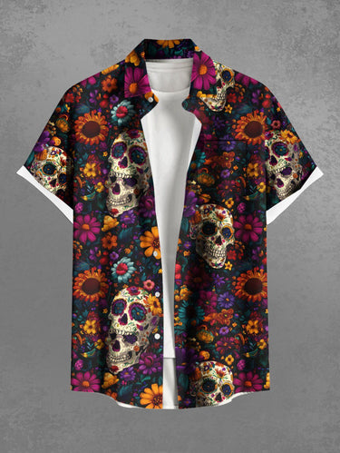 Gothic Plus Size Skull Colorful Flower Print Button Pocket Shirt For Men