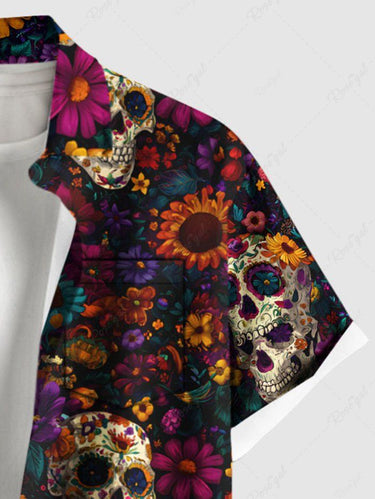 Gothic Plus Size Skull Colorful Flower Print Button Pocket Shirt For Men