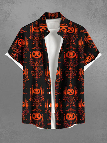 Gothic Plus Size Pumpkin Candle Chandelier Print Halloween Button Pocket Shirt For Men