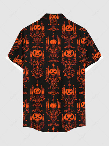 Gothic Plus Size Pumpkin Candle Chandelier Print Halloween Button Pocket Shirt For Men