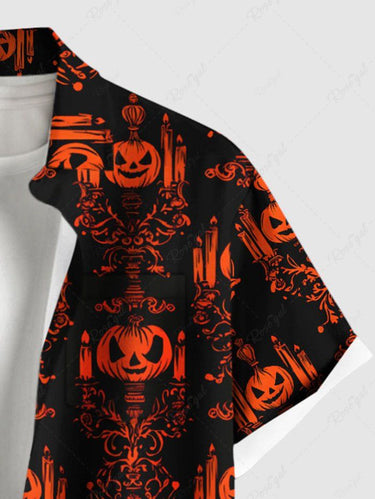 Gothic Plus Size Pumpkin Candle Chandelier Print Halloween Button Pocket Shirt For Men