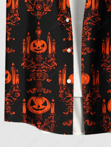 Gothic Plus Size Pumpkin Candle Chandelier Print Halloween Button Pocket Shirt For Men