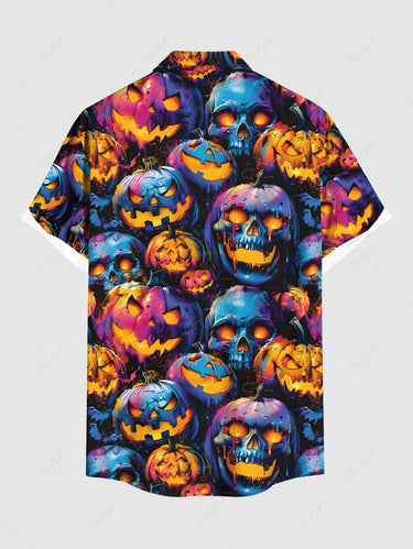 Gothic Plus Size Skull Ombre Pumpkin Lantern Print Halloween Button Pocket Shirt For Men
