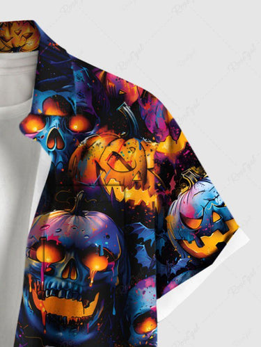 Gothic Plus Size Skull Ombre Pumpkin Lantern Print Halloween Button Pocket Shirt For Men