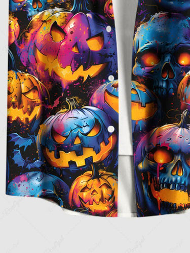 Gothic Plus Size Skull Ombre Pumpkin Lantern Print Halloween Button Pocket Shirt For Men
