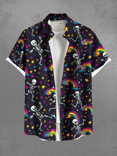 Gothic Plus Size Skeleton Rainbow Stars Galaxy Print Button Pocket Shirt For Men