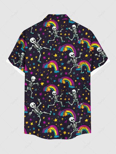 Gothic Plus Size Skeleton Rainbow Stars Galaxy Print Button Pocket Shirt For Men