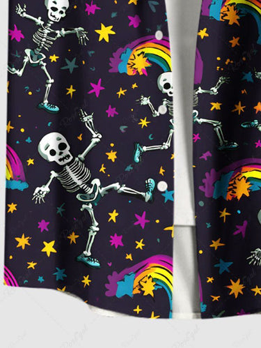 Gothic Plus Size Skeleton Rainbow Stars Galaxy Print Button Pocket Shirt For Men