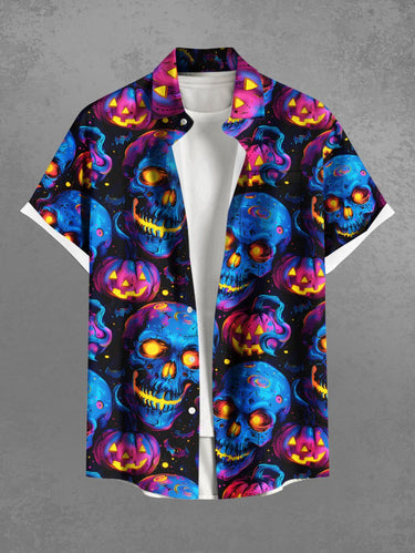 Gothic Plus Size Skull Pumpkin Lantern Print Halloween Button Pocket Shirt For Men