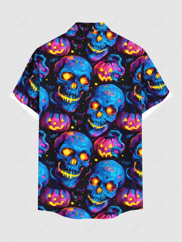 Gothic Plus Size Skull Pumpkin Lantern Print Halloween Button Pocket Shirt For Men
