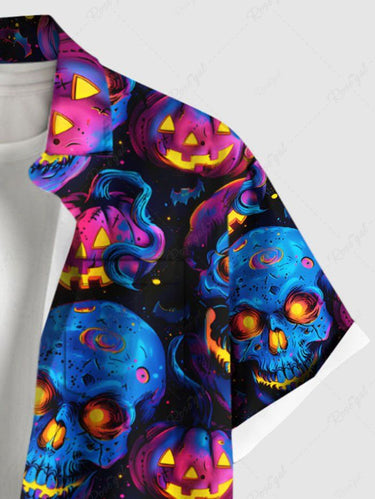 Gothic Plus Size Skull Pumpkin Lantern Print Halloween Button Pocket Shirt For Men