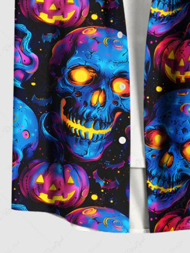 Gothic Plus Size Skull Pumpkin Lantern Print Halloween Button Pocket Shirt For Men