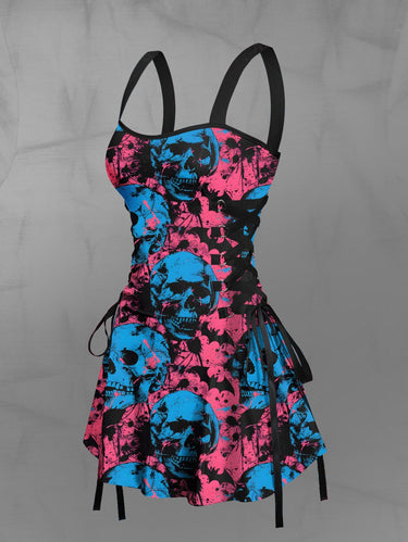 Gothic Ink Painting Skull Bat Print Halloween Lace Up A Line Tank Dress