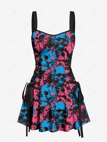 Gothic Ink Painting Skull Bat Print Halloween Lace Up A Line Tank Dress