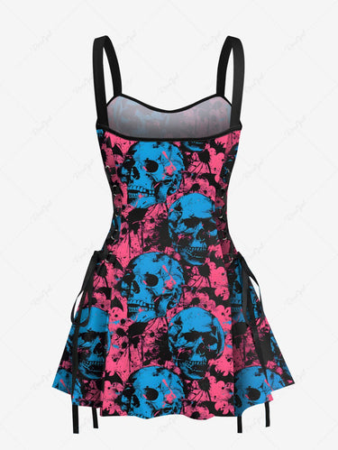 Gothic Ink Painting Skull Bat Print Halloween Lace Up A Line Tank Dress