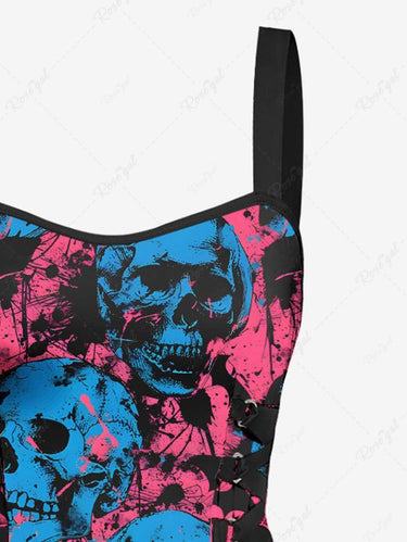 Gothic Ink Painting Skull Bat Print Halloween Lace Up A Line Tank Dress